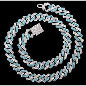 Blue two-tone cuban necklace - silver - CZs - 20".